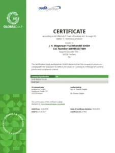 GLOBAL G.A.P. Zertifikat 2026 für JH-Wagenaar Fruchtkontor