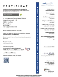 IFS Broker Zertifikat 2026 für JH-Wagenaar Fruchtkontor